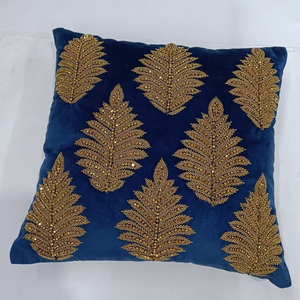 Gold Beaded Leaf Velvet Cushion Cover <b>Blue</b> Fabric Hand Embroidered <b>Throw</b> Pillow Case For Couch Living Room <b>Bed</b> Home Office Decor - Product Image 1