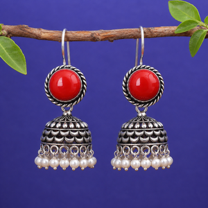 Boucles d'oreilles Jhumka vintage rouges oxydées avec pampilles de perles, bijoux indiens traditionnels, fabricant en gros - Product Image 3