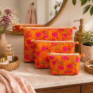Bohemian Jaipur Block Print Cotton Quilted Cosmetic Bag Set <b>Orange</b> Pink Floral Soft Handle Multi Function Non Toxic Dyes Durable - Product Image 4