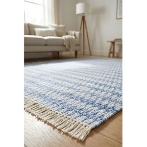 Alfombra de Algodón Tejida a Mano con Diseño de Rayas Texturizadas en Azul y Blanco, con Flecos, para Sala de Estar, Dormitorio, Decoración de Piso, OEM - Product Image 6