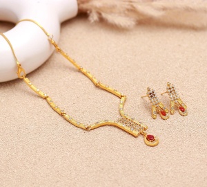 RAY FINE ORNATES 22K Gold Plated Brass <b>Ruby</b> CZ <b>Necklace</b> Set Pear Shape Stone Traditional Indian Bridal Wedding Jewelry IGI - Product Image 3