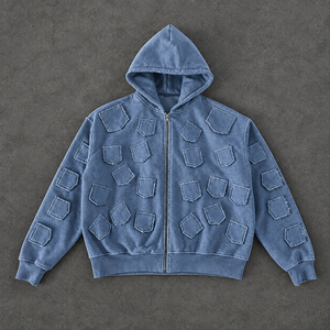 Sweat à capuche zippé personnalisé avec strass, manches patchwork, style streetwear, coupe courte oversize, unisexe, noir, en polyester tricoté, pour l'automne - Product Image 6