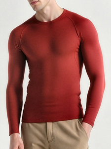 T-shirt de compression rouge à manches longues pour homme, coupe ajustée, séchage rapide, col rond, haut de sport, tissu très élastique, anti-transpiration - Product Image 5