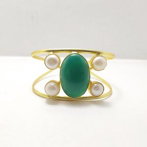 <b>Gemstone</b> Cuff <b>Bracelet</b> with Pearls and Green Onyx Gold Adjustable Open Bangle Design Fashion Cuff <b>Bracelets</b> - Product Image 1