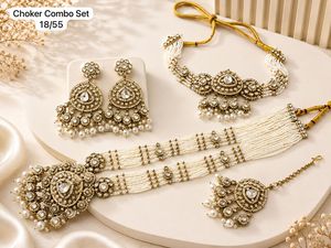 Premium Long Flower Design Choker Kundan <b>Pearl</b> Necklace <b>Set</b> Antique Gold Plated Polki Wedding Haar Earrings Indian <b>Jewelry</b> - Product Image 6