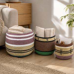 Ensemble de paniers de rangement tissés à la main avec poignées, forme bol rustique, en rotin naturel, écologique, décoration intérieure, art populaire, organisation - Product Image 2