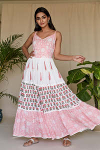 Summer Casual Maxi Ruffled Belt Jersey de algodón para mujer Hecho en India Escote sin tirantes con cierre de ojo de gancho - Product Image 2