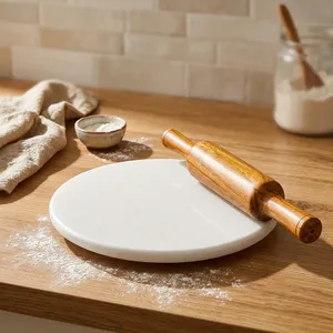 Ensemble Chakla Belan en marbre naturel avec planche à rouler en bois et rouleau pour la préparation de Roti, Chapati, Paratha, Puri - Ustensile de cuisine pour étaler la pâte - Product Image 4