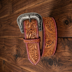 Wholesale Floral Engraved <b>Men's</b> Western <b>Leather</b> Tooling <b>Belt</b> with Designer Antique Brass Pin Buckle Cowboy Cowgirl <b>Belt</b> - Product Image 1