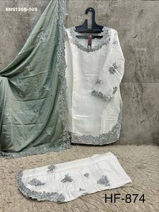 Hermoso traje de seda romana con bordado, listo para usar, blanco, de manga larga, con pantalón palazzo y dupatta a juego. Colección de exportación india. - Product Image 6