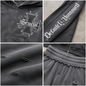 Custom Logo Heavyweight Cotton French Terry Distressed <b>Zip</b> Hoodie Wide Leg Sweatpants Oversized Unisex Streetwear Tracksuit Sets - Product Image 4