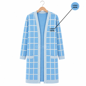 Cardigan long en acrylique Cosh International Sorority Sisterhood, motif à carreaux bleus, col en V, décontracté, manches longues avec poches - Product Image 1