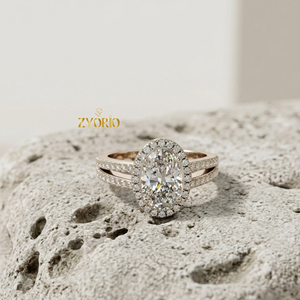 แหวนเพชรทรงรีเพาะเลี้ยงในห้องปฏิบัติการ ประดับด้วยเพชรแบบ Halo วงแหวนทอง 14K สำหรับหมั้น แหวนแต่งงานแบบวงคู่ประดับเพชร แหวนแต่งงานสุดหรู เครื่องประดับงานแต่งงาน - Product Image 1
