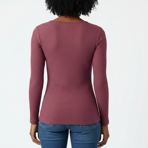 Haut côtelé ajusté pour femme à manches longues, col en V boutonné, coupe slim, logo personnalisé, fournisseur OEM en gros - Product Image 2