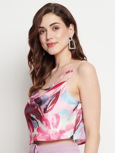 Womens Floral Print Cowl Neck Crop <b>Top</b> <b>Cutout</b> <b>Front</b> Spaghetti Strap Pink Camisole Apparel Manufacturer - Product Image 6