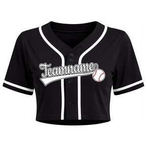 Maillot de baseball court pour femme, personnalisable avec nom et numéro, chemise de softball boutonnée, haut court, tenue d'équipe, 100% polyester, noir - Product Image 2
