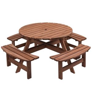 Tavolo da Picnic Circolare in Legno per 8 Persone con 3 Panche Integrate per Patio, Cortile o Giardino - Grigio - Product Image 1