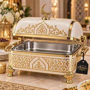 Luxury <b>Royal</b> Blue Round Stainless Steel Chafing Dish with Silver Arabic Design Crescent Lid 24cm Diameter Durable Eco-Friendly - Product Image 2