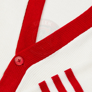 Cardigan en tricot blanc et rouge pour fraternité et sororité, à manches longues et boutons, pour hommes et femmes, pull à col en V pour hommes, tenue universitaire - Product Image 6