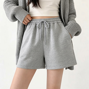 <b>Women's</b> <b>White</b> Solid Color Knitted Cotton <b>Shorts</b> High Waist Drawstring Elastic Casual Loose Fit With Pockets - Product Image 6