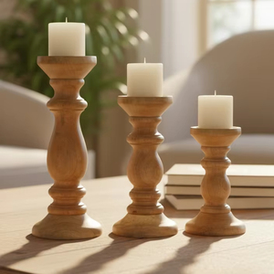 Ensemble de 3 bougeoirs rustiques en bois faits à la main, style vintage, pour décoration intérieure, centre de table de mariage ou ornements - Product Image 1