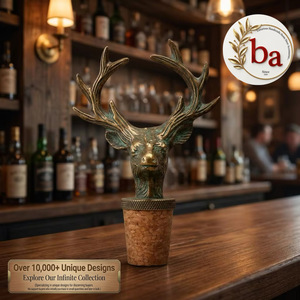BA Bouchon de bouteille de vin vintage en métal et céramique en forme de tête de cerf avec base en liège - Product Image 1