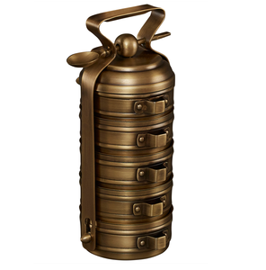Antique brass 4-tier tiffin featuring intricate floral carvings and traditional handle. Royal look. Available at wholesale price - Product Image 2