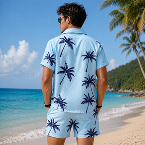 Sky Blue Men's Casual Summer Shirt 320Gram Breathable Anti-Pilling Satin Fabric ShortSleeve Floral Printed Design satin100%poly - Product Image 2