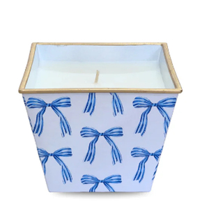 Large Amber Cachepot Candle Bowl Blue <b>Bow</b> Pattern Metal Candle Bowl with Gold Trim - Product Image 1