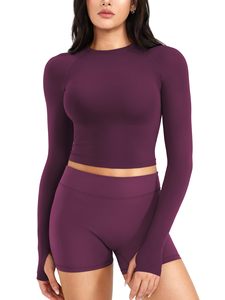Ensemble 2 pièces décontracté d'été pour femme : haut de yoga à manches longues et short froncé aux fesses, ensemble t-shirt assorti à col rond uni pour la course à pied - Product Image 1