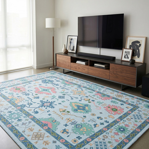 Alfombra de Lana de Lujo Multicolor Anudada a Mano, de Pelo Plano y Grosor Medio, con Patrón Floral Geométrico Clásico para Sala de Estar, Larga - Product Image 3