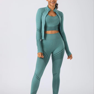 Conjunto de Yoga para Mujer, Color Sólido, Leggings de Cintura Alta, Top Corto, Chaqueta con Cierre de Cremallera de Cuarto, Sin Costuras, Elástico en Cuatro Direcciones, 2 Piezas - Product Image 1