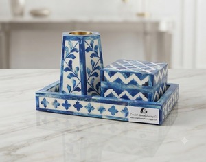 Quemador de Incienso Ecológico Hecho a Mano con Incrustaciones de Hueso Azul y Blanco, Soporte de Resina para Bakhoor con Bandeja, Decoración Islámica para el Hogar o Templo - Product Image 3