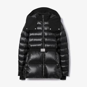 Chaqueta de invierno acolchada con cinturón de nailon negro para mujer con cuello levantado y capucha en contraste Diseñador Venta al por mayor Estilo burbuja - Product Image 1