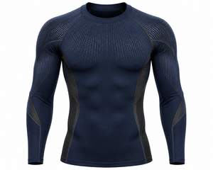 Men's Long Sleeve Compression Color Blocked Rash Guard Navy Blue Quick Dry Breathable Polyester/Nylon <b>Athletic</b> Workout Top - Product Image 1