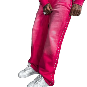 Pantalones de Hombre con Degradado Rosa, Cintura Elástica, Decoración con Remaches, Estilo Casual de Primavera, Tejido de Poliéster Transpirable - Product Image 1