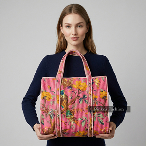Bolso Tote de Pana Hecho a Mano de Pinks Fashion, con Cierre de Cremallera, Bordado con Patrón Floral, Estilo Bohemio, Abierto por Arriba, para Compras, Grande, para Mujer - Product Image 2