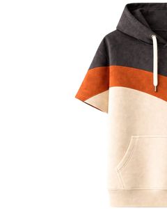 Customized Men Charcoal Rust Color Block <b>Short</b> <b>Sleeve</b> Hoodie Pullover Cotton Fleece Casual Streetwear Kangaroo Pocket <b>Sweatshirt</b> - Product Image 2