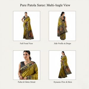 Sari de Seda Pura Patola Tejido a Mano con Pieza de Blusa Sin Coser |   Colección de Tejidos Tradicionales Amarillos de Diseño a Precio de Mayoreo - Product Image 4