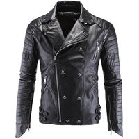 Veste matelassée en cuir de vachette noir pur, col montant, logo frontal, style urbain, doublure en spandex écologique, manches longues pour homme
