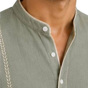 Chemise décontractée personnalisée pour homme en lin et coton vert sauge, col mandarin brodé, manches courtes, respirante, vêtements d'été sur mesure - Product Image 4