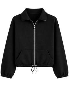 Sudadera negra corta de forro polar con cremallera completa para mujer, cuello polo, bolsillos delanteros, dobladillo con cordón ajustable, top informal cálido estilo streetwear - Product Image 1