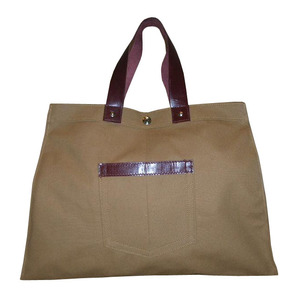 Sac fourre-tout en toile teinte de 12 oz avec poignée en cuir et bordure en cuir sur la poche, avec fermeture à bouton - Product Image 1