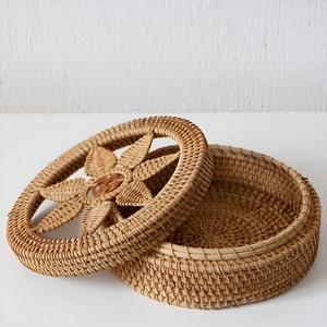 <b>Decorative</b> round rattan box with flower pattern lidded basket <b>for</b> sale braided organizer <b>boxes</b> - Product Image 2