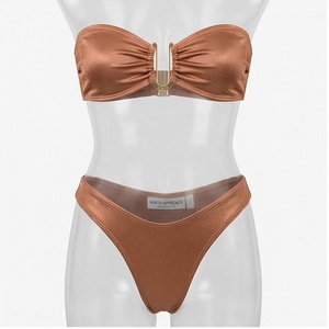 Ensemble de bikini bandeau pour femme NORTH APPROACH, couleur unie, finition métallisée, bas de bikini string, maillot de bain extensible - Product Image 1