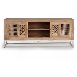 Modern Industrial Mango Wood Iron <b>Storage</b> TV Stand with Carved Design for Living Room Bedroom Hotel Home Dining - Product Image 1
