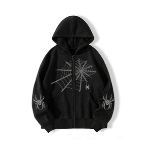 Sudadera con capucha personalizada Y2K 100% algodón con pedrería y cremallera, gráfico de telaraña, estilo gótico, ropa urbana para hombre, sudadera con capucha con cremallera y pedrería. - Product Image 1