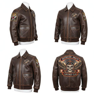 Blouson aviateur vintage en cuir véritable marron 2026 avec broderie personnalisée, style motard et pilote, rétro, pour homme et femme - Product Image 4