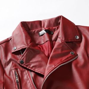 Blouson moto homme en cuir PU rouge, coupe ajustée, fermeture éclair, col rabattable, manches classiques, vêtement d'extérieur pour l'automne - Product Image 2