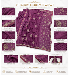 Purple Embroidered Silk <b>Saree</b> <b>Women</b> | Handcrafted Zari Border | Vintage Style | Floor-Length | Festival Wedding Party Wear | - Product Image 5
